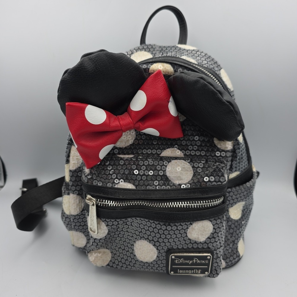 Disney Parks Loungefly Minnie Mouse Sequined Black Polka-Dot Mini Backpack